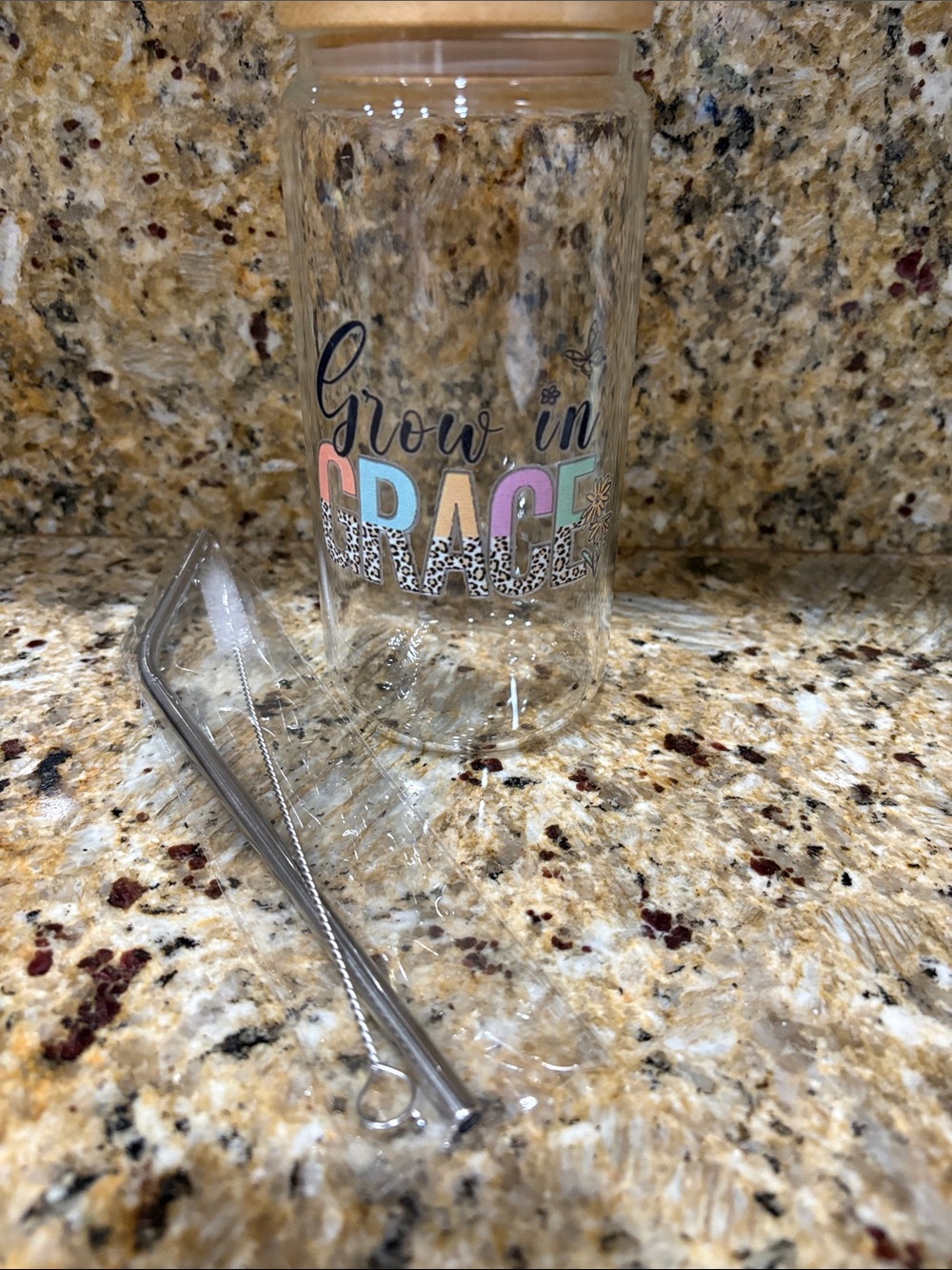 Clear Glass Tumbler with Pastel 'Grow in GRACE' Lettering